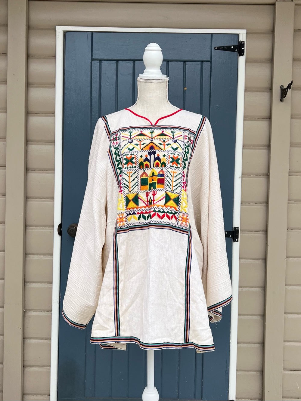 Vintage 70s Egyptian Bedouin Hand Embroidered Tunic Raw Heavy Cotton Kaftan Boho